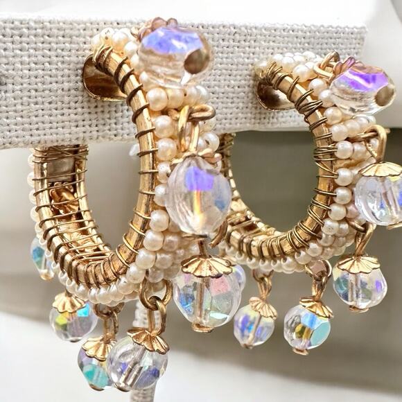 Vintage Miriam Haskell Hoop Earrings Faux Pearls & AB Crystal Drops 1969s Hoops - Picture 1 of 10